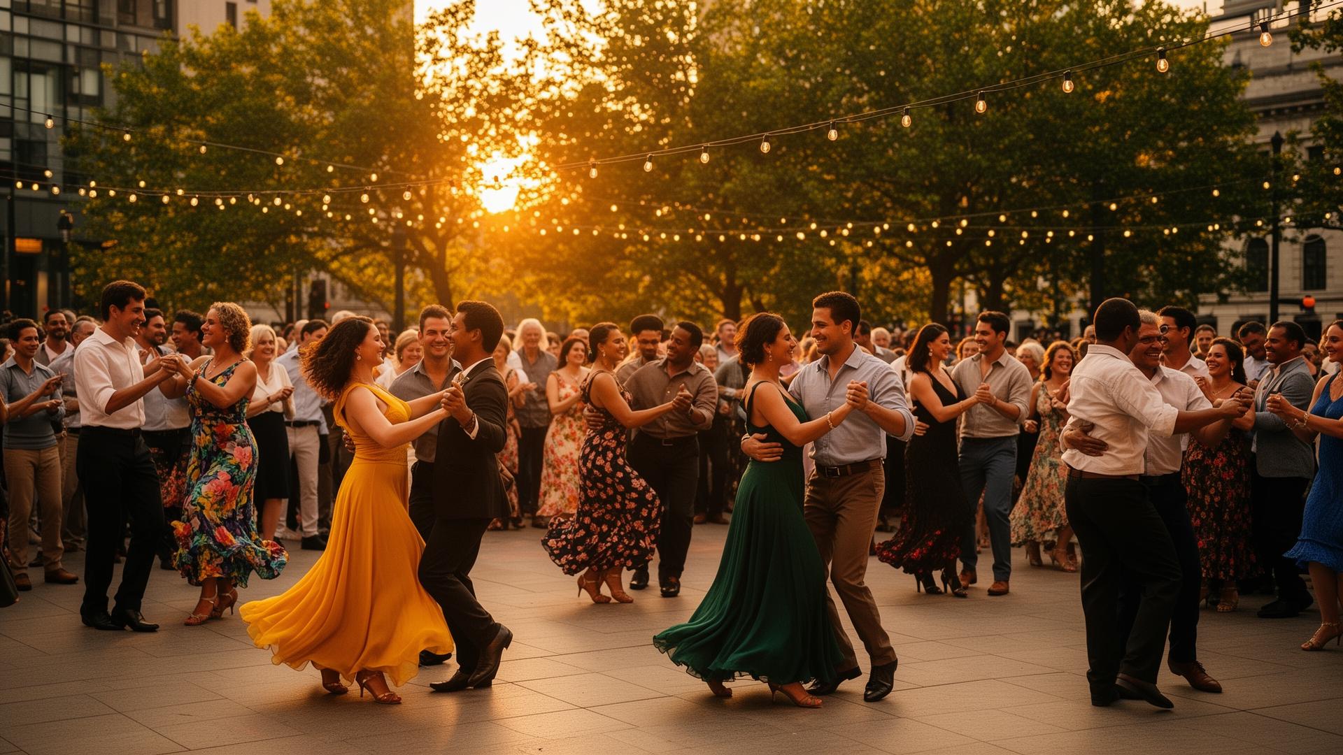 Rassemblement de danse latine en plein air à Montréal au coucher du soleil